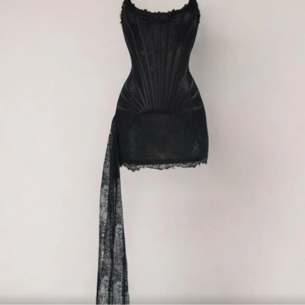 Heiress Beverly Hills Black Lace Mesh Corset Drape Mini Dress